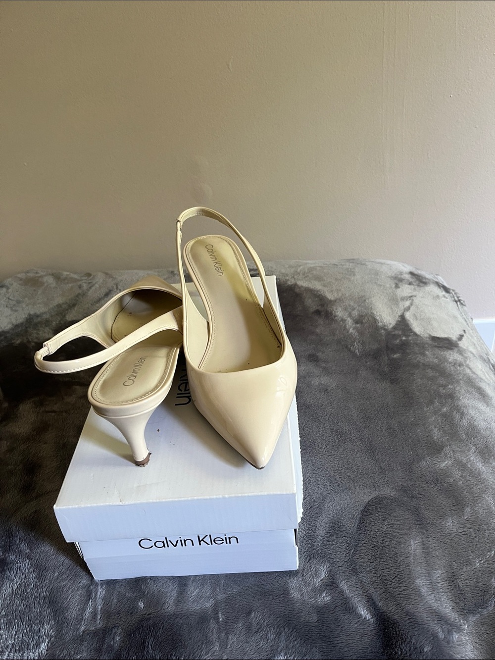 Calvin Klein Women's Patent Slingback Pointed-Toe Heels in Ivory
